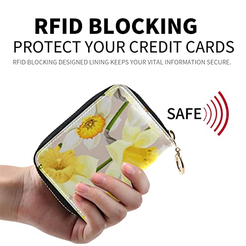 Seamless White and Yellow Daffodils Flowers Texture Grey Credit Card Coin wallet, RFID Blocking Compact Women Leather Card Holder, Key Change Organizer, Zipper Purse Clutch Pouch2