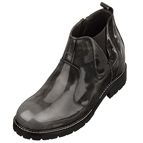CALTO Men's Invisible Height Increasing Elevator Shoes - Grey Patent Leather Chelsea-zip Boots - 3.6 Inches Taller - K8991- Size 9 D(M) US