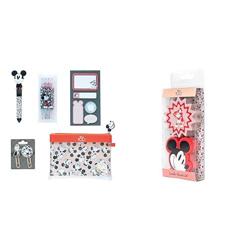 Grupo Erik Pack Vuelta al Cole papelería Disney Kit de papelería Disney Mickey 100 Aniversario - Estuche con Material Escolar + Goma de borrar Disney Mickey 100 Aniversario