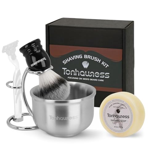 Shaving Brushes Kit For Men, 4 In 1 Shaving Brush Set Includes Nylon Bristle Shave Brush,Stainless Steel Shaving Bowl, Shaving Stand and Soap