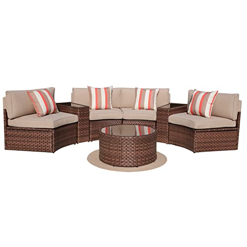 7-Piece Outdoor Half-Moon Curved Patio Sectional Sofa Set | with 2 Glass Top Wedge Side Tables Windproof Slip-Over Beige Cushions All-Weather Brown PE Wicker for Backyard Deck product thumbnail 2