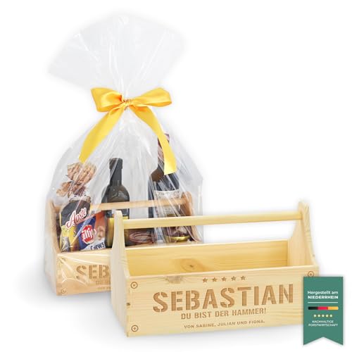 LAUBLUST Große Werkzeugkiste Hammer Motiv - Personalisiert mit Individueller Wunsch-Gravur - 34 x 18 x 20 cm, Natur, FSC® | Geschenkkiste - Geschenk-Verpackung | Aufbewahrungskiste | Flaschen-Korb
