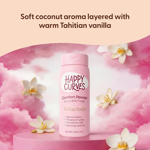 Image of HAPPY CURVES Comfort Powder: Talc Free Anti Chafe Body & Foot Dusting Powder Deodorant for Inner Thigh Chafing, Private Areas, and All Over Body for Women 4oz (Pack of 1), Tahitian Vanilla