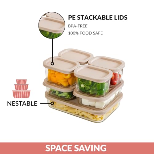 Image of Nestasia Groovo Glass Containers with Lid Set of 7 (310ml x 4, 520ml x 2, 1200ml x 1) - Transparent Stackable Fridge Storage Box, Microwave & Dishwasher Safe (Beige)