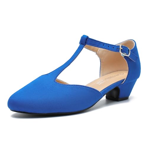 MAIERNISI JESSI Women's T-Strap Low Chunky Heel Mary Jane Pumps Cut Out Wedding Dress Shoes Royal Blue Suede 43 - US 10