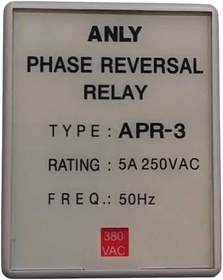 Davanti view del relè di inversione di fase ANLY APR-3, che mostra il numero di modello, le caratteristiche elettriche e la tensionetage.
