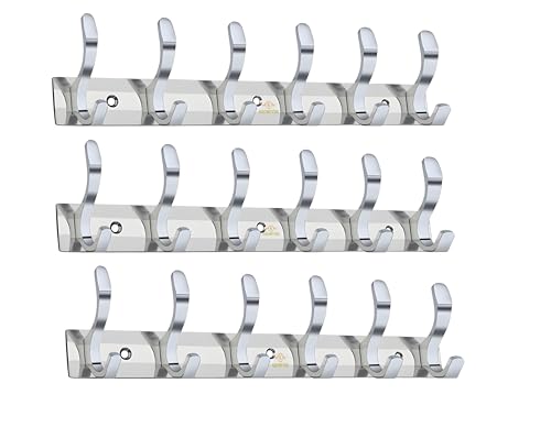 Image of Heavy Duty S Type Stainless Steel Cloth Hanger Suitable for Bathroom Bedroom Kitchen Wall Hook Rail Hanging Scarf Coat Keys Tie Towel Door Robe (Pack of 3, 6 Pin Silver)