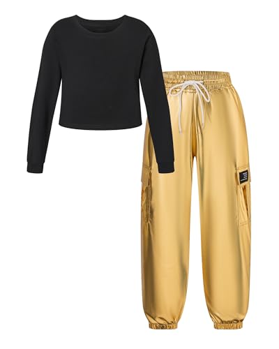 Image of Betusline Girls 2 Piece Summer Outfits,Kids Casual Short Sleeve Crop Top & Cargo Jogger Pants Sets,4T-14Y