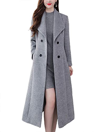 Manteau long en laine mélangée femme col cranté double boutonnage gris XL
