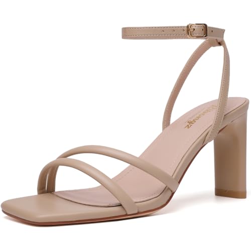 Image of RIBONGZ High Heels for Women Kitten Heeled Sandals with Ankle Strap Round Open Toe Strappy Stiletto Heels Comfort Summer Wedding Party Evening Prom Daily Dressy Shoes