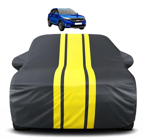 Image of Auto Hub Car Cover Compatible with Kia Seltos with Mirror Pocket, Soft Cotton Lining, Seltos Car Cover Waterproof - Yellow-Black