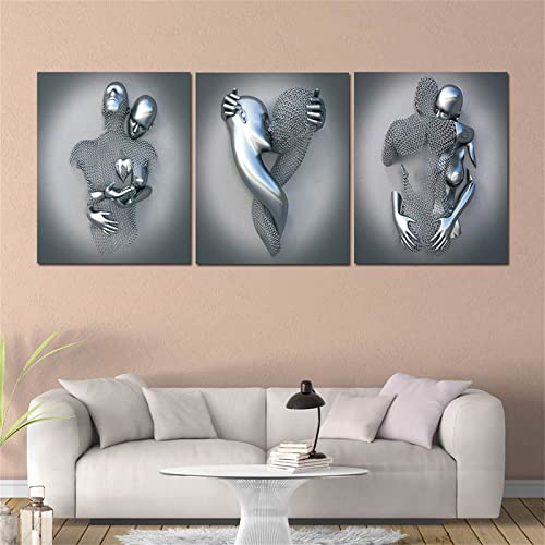 Canvas Wall Art Decor For Bedroom,16''X20'' Black And White Romantic Couple Living Room Painting Poster,Hugging Lovers 3D Abstract Metal Sculpture Effect Picture For Home Hotel(Set Of 3,Unframed) #TOP2