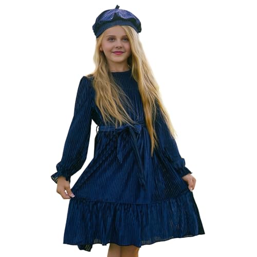 fioukiay Girls Velvet Dress Long Sleeve Crew Neck Elegant A-Line Fall Winter Midi Dresses Party Holiday with Hat
