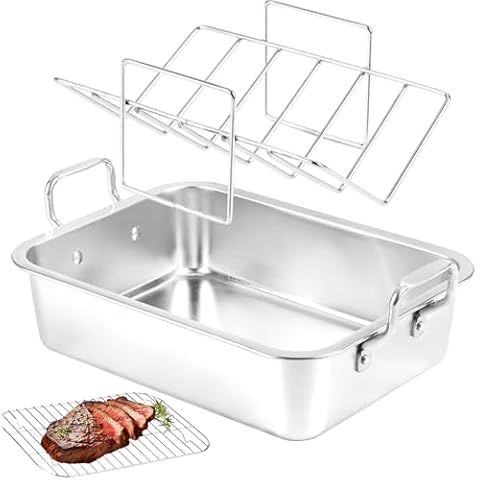 QPMR Roasting Pan with Cooling Rack - Stainless Steel Large Turkey Roaster Pan for Turkey, Chicken, Ham Roaster with V-Shaped Baking Rack Heavy Duty Dishwasher Safe Cover