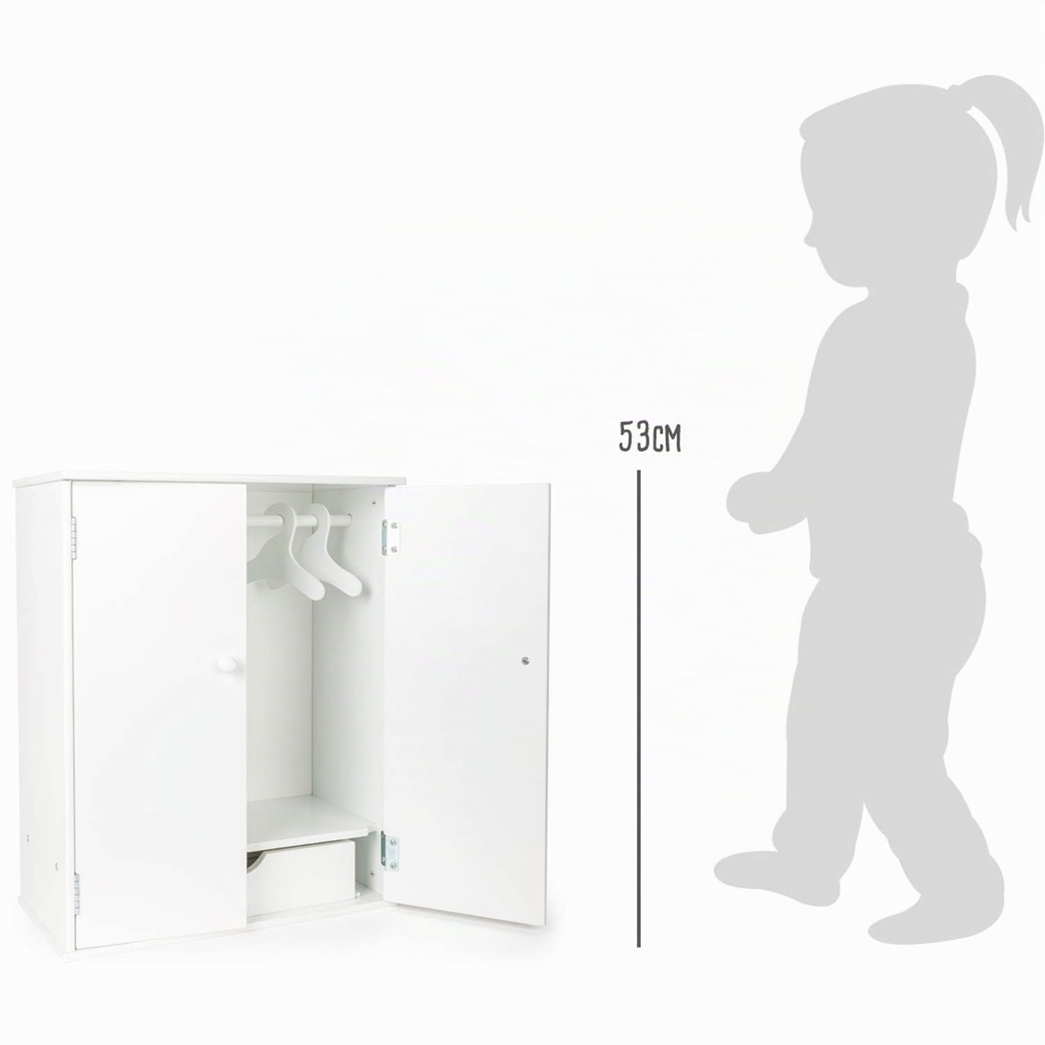 small foot Armadietto per bambole in legno bianco, con accessori come appendiabiti e appendiabiti, aggiunta agli accessori per bambole, 11213, 40 x 20 x 53 cm