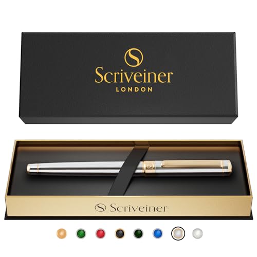 Scriveiner Pen, Splendida Penna Roller Cromata Silver, Finitura Oro 24 Carati, Refill Schmidt Inchiostro, Penne Eleganti, Professionali, da Ufficio, Idee Regalo per Lui e per Lei