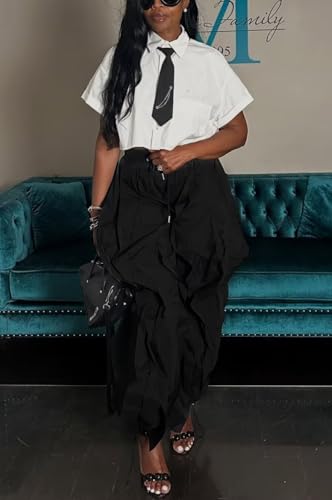 LROSEY Women Baggy Ruffle Wide Leg Pants Trendy Casual Y2k Drawstring Cargo Joggers with Pockets3