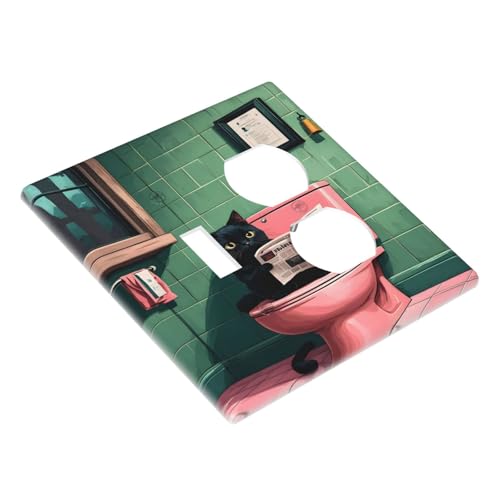 Decorative Outlet Covers Funny Black Cat Newspaper Pink Toilet 2 Gang Wall Plate Cover Single Toggle Duplex Combo Two Switch Light Switch Cover Plate Jumbo Faceplate