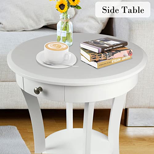 Ecomex Round End Table With Drawer And Shelf, Sidetable Made Of High-Grade Solid Wood, Accent Table In Retro Country Luxury Classic Style, Record Player Table For Living Room(White) #TOP6