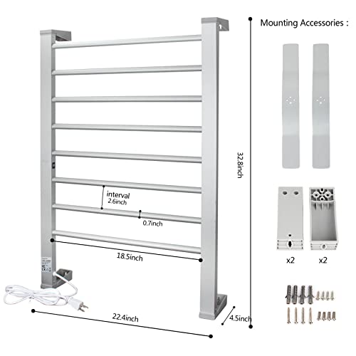 ELEGANTLIFE Electric Towel Warmer for Bathroom - Aluminum Alloy Heated Towel Rack with Built-in Timer & Auto Shut Off, Heavy-Duty Base Freestanding & Wall-Mountable 8-Bar Design, for Bedroom, Spa