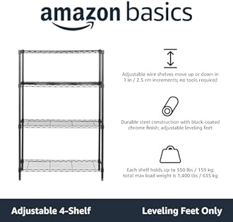Amazon Basics 4-Shelf Storage Unit With Height Adjustable Shelves and Levelling Feet, 640 kg Max Weight, Black, 35.6 cm D x 91.4 cm W x 137.1 cm H