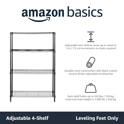 Amazon Basics 4-Shelf Storage Unit With Height Adjustable Shelves and Levelling Feet, 640 kg Max Weight, Black, 35.6 cm D x 91.4 cm W x 137.1 cm H