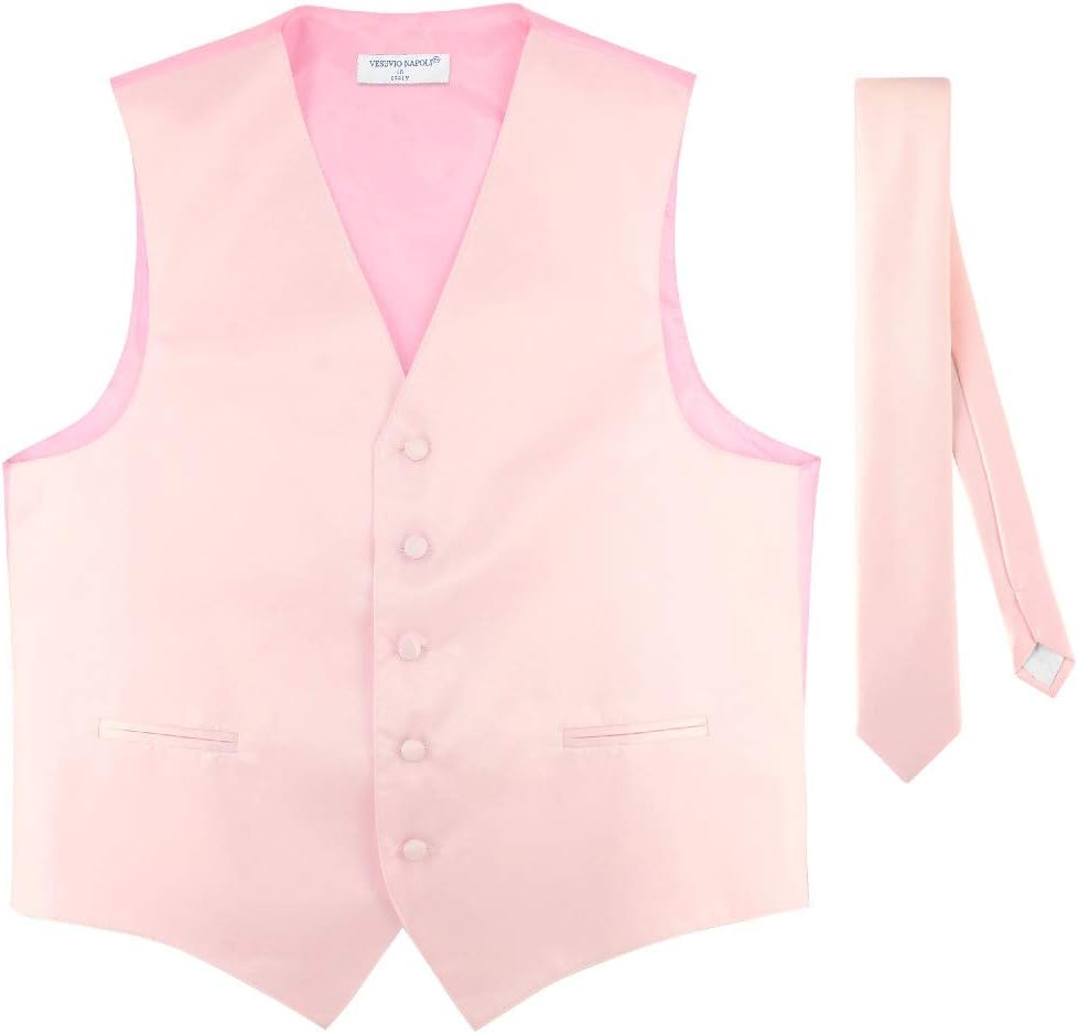 Vesuvio Napoli Men's Dress Vest & Skinny NeckTie Solid Pink Color 2.5" Neck Tie Set