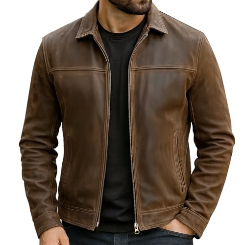 Vintage Mens Cafe Racer Distressed Brown Biker Leather Jacket-New Men Genuine Leather Jackets (Uk, Alpha, L, Regular, Regular, Distressed Brown) - 4