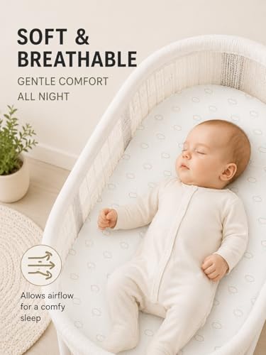 Image of 3-Pack Organic Jersey Cotton Bassinet Fitted Sheets - Fits 32 x 16 x 4 Inch Pads - Compatible with Halo, Snoo, Graco, Dream On Me, Delta - for Oval, Hourglass, and Rectangular Bassinet Mattresses