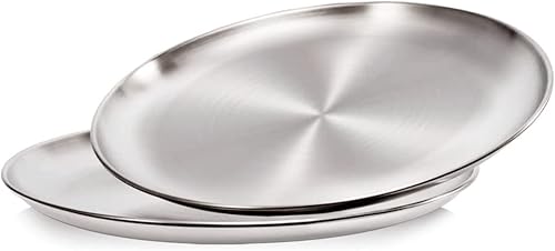 XZJMY 2 platos llanos de acero inoxidable, platos redondos de ensalada de 10 pulgadas, platos de campamento reutilizables, plato de postre, plato