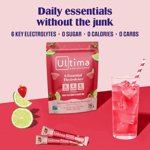 Image of Ultima Replenisher Daily Electrolyte Powder - Strawberry Margarita, 16 Stickpacks - Zero Sugar Hydration Packets with 6 Key Electrolytes and Trace Minerals - Sugar Free & Keto Friendly Drink Mix