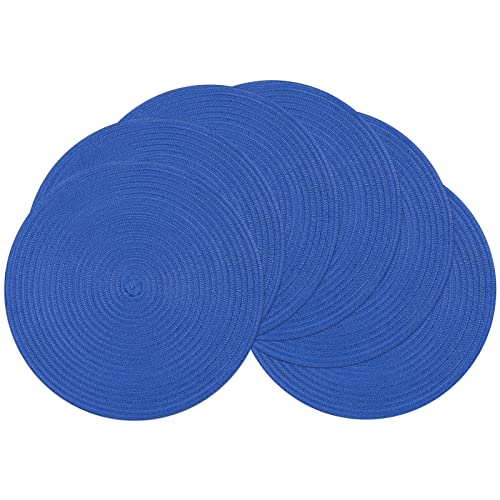 Image of SHACOS Round Placemats Set of 6 Washable 15 inch Round Table Mats Cotton Polyester Woven Braided Place Mats for Dining Table (Blue, 6)