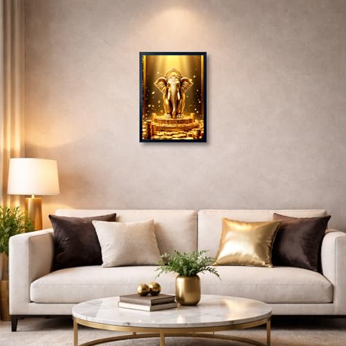 Image of ARTFUL TOY BOX - Golden Elephant Photo Frame Wall Art for Home Decor | Wealth, Power & Good Luck Vastu Feng Shui Wall Decor for Living Room & Office | HD Glossy Print | Premium Fiber Black Frame - 12x18 Inch (30x45 cm) (Design 10)