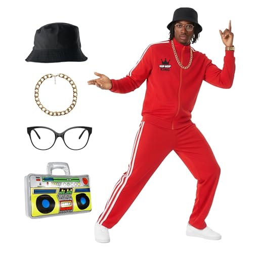 Morph Costume Années 90, Survêtement Rayé Rouge Hip Hop, Déguisement Rétro Amusant pour Fêtes et Événements, L