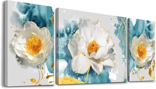 SERIMINO Peony Flower Canva Wall Art for Living Room, Modern White Blossom Artwork Blue Floral Picture Wall Decor for Bedroom Bathroom Kitchen Dining Room Prints Paintings for Home