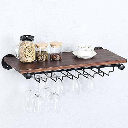 Industrial Pipe Shelving Hanging Stemware Racks,Rustic Wall Mounted Wine Rack With 5 Glass Holder,24In Steampunk Iron Floating Bar Shelves,Metal Real Wood Shelf Wall Shelf Stemware Holder #TOP16