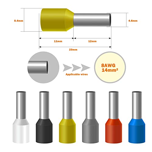 Fidioto 8AWG Wire Ferrules, 250pcs AWG8 Yellow Terminal Connector Wire Insulated Cord Pin Ends Terminals for Electric, Industrial, Chemical Industry, Power Control System, etc.