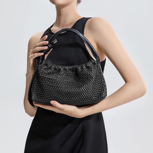 FRBUU Women's Handmade Mesh Knitted Leather Bag - Black and Green, Twisted Strap, Adjustable Shoulder Strap2