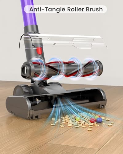 Image of Cordless Stick Vacuum Cleaner, 650W 55KPA Up to 70Min Runtime, Green Light Anti-Tangle Brush, 7-Stage HEPA Filtration, Lightweight for Pet Hair Carpet Hard Floors (Purple)