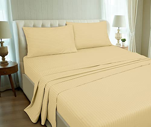 Image of ROYALE LINENS 4 Piece Cal King Sheets Set - Soft Brushed Microfiber Bedding - 1 Fitted, 1 Flat Sheet, 2 Pillow Cases - Wrinkle Free & Fade Resistant - Hotel Luxury Bed Sheets (Stripe Sand, Cal King)