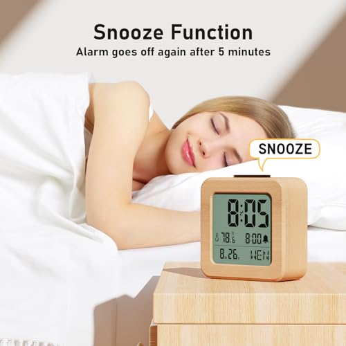 Image of CHEREEKI Battery Operated Clock with Real Wood Case, Loud Alarm, Snooze, Automatic Light Sensor, Temperature, Date and Day of the Week Display (3 AAA Batteries Included)