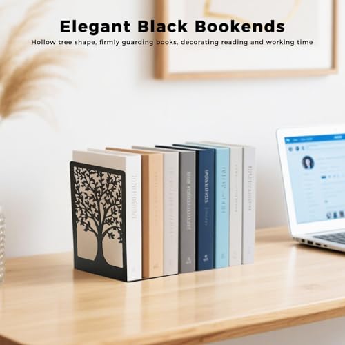 Atliberswo 6 Stück Buchstützen Metall - Buchstütze Schwarz mit Muster der Form des Lebensbaums, Bücherhalter für Büro Schule Zuhause Bibliothek (18x12x8cm)