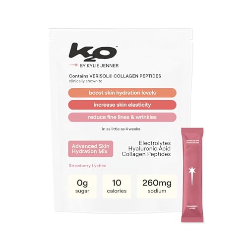 k2o by Kylie Jenner Advanced Skin Hydration Mix with Electrolytes, Hyaluronic Acid & Verisol Collagen Peptides - Clinically Shown to Boost Hydration & Reduce Wrinkles (Strawberry Lychee)
