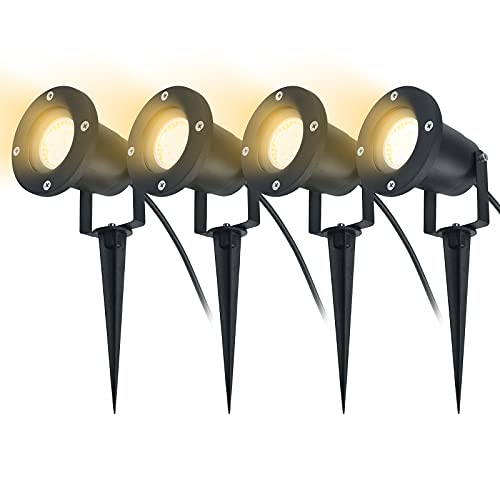 Aufun GU10 Gartenstrahler 3W LED Gartenleuchte mit Erdspieß, Rasen Licht Warmweiß, Wasserdicht IP65 für Außenbereich Garten Teich Landschaft, ohne Schukostecker, 4 Stück