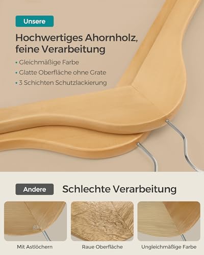 SONGMICS Kleiderbügel Holz, 20er Set, Bügel aus Massivholz, Einkerbungen im Schulterbereich, rutschfester Hosensteg, um 360° drehbarer Haken, für Anzüge, Hemden, naturfarben-silbern CRW001-20
