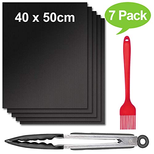 FancyWhoop Tapis de Cuisson 40x50cm 5pcs Tapis de Grill Barbecue Antiadhésif Bonus 1 Brosses y 1 Pince à Barbecue pour Fours/Charbon de Bois/Electrique/Gaz/Grill électrique