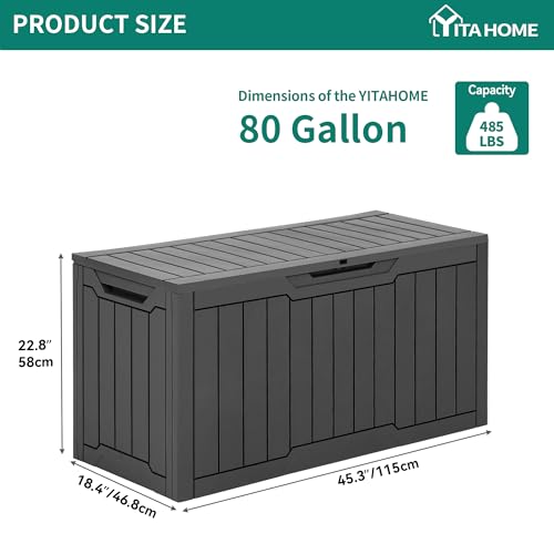 YITAHOME 80 Gallon Outdoor Storage Box, Large Waterproof Resin Deck Box, Indoor Outdoor Lockable Storage Container for Patio, Garden, Cushions, Tools, Equipment (Dark Gray)