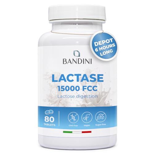 Bandini Lactase Extra-Strength Dose 15 000 FCC - Helps with Lactose Intolerance - 80 Tablets - Supports the Lactose Digestion - Slow Release Digestive Enzymes Supplement - 100% Vegan - Chemical Free