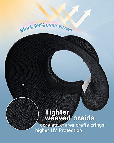 FURTALK Sun Visor Hats for Women Wide Brim Straw Roll Up Ponytail Summer Beach Hat UV UPF Packable Foldable Travel
