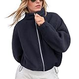 LASLULU Womens Fleece Jackets Full Zip Faux Fur Sherpa Jackets 2025 Fashion Trendy Fall Winter Jacket Warm Coats Outerwear (Navy Blue, Medium)